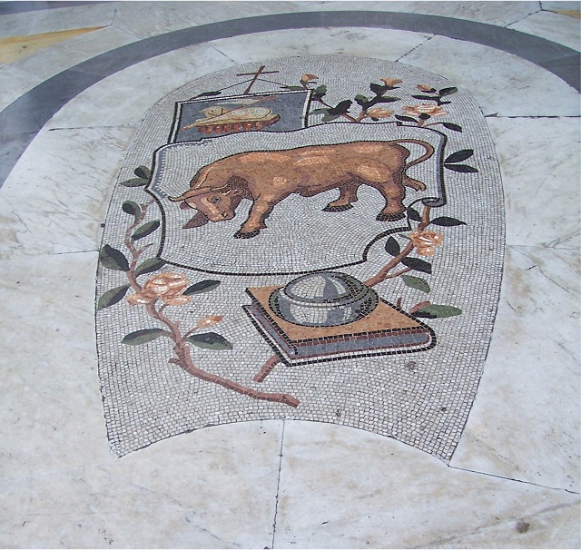 Taurus Mosaic. One of twelve Zodiac mosaics on the floor around the center of the Galleria Umberto.